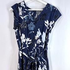 Talbots Floral Midi Dress Navy Blue V-Neck Cap Sleeve Waist Tie Size 6