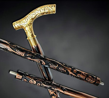 Victorian Walking Cane Hand Carved Wooden Walking Stick Brass Derby Handle Cane
