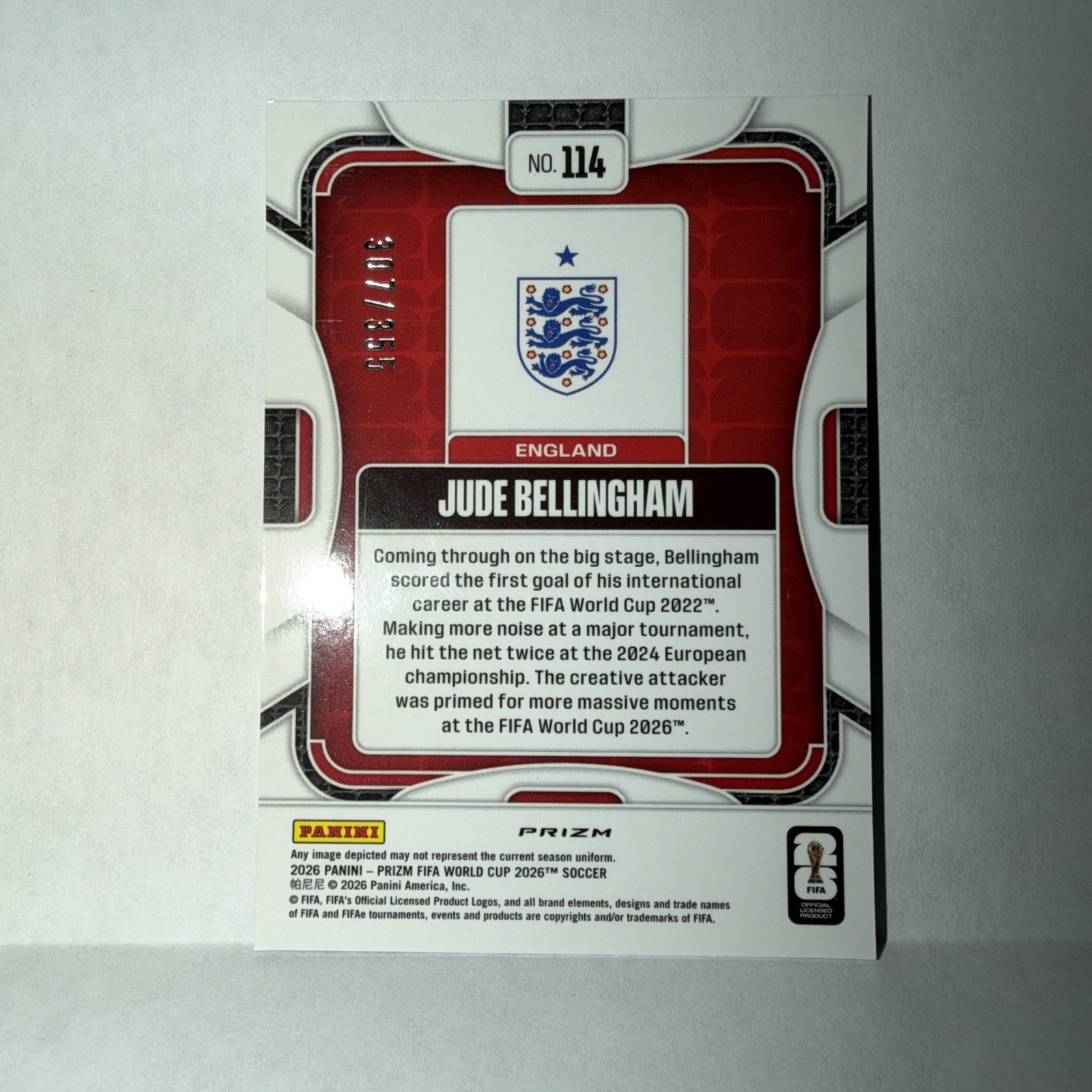 2026 Panini Prizm World Cup Jude Bellingham Purple Hyper #/299 England view 2