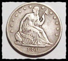 1861-P MEZZO DOLLARO LIBERTY SEDUTO originale affilato VF+ / XF #26D31