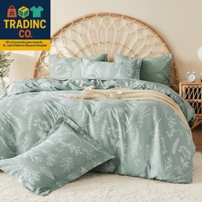 Duvet Cover Queen Size, Reversible Floral Green Duvet Cover Set with Zipper Clos
