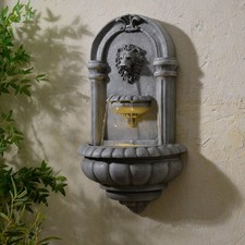 Stone Finish Lionhead Fountain Outdoor Home Decor Wall Mounted LED
