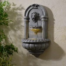 Stone Finish Lionhead Fountain Outdoor Home Decor Wall Mounted LED