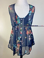 American Rag Cie Sleeveless Blouse Size XS Floral Butterfly Racerback Black Y2K