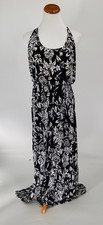 LOFT Size Large L Floral Print Maxi Dress Black White Blue Stretchy Knit