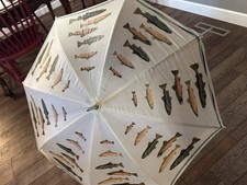 RARE Vintage Umbrella TROUT Aqua Rain Stick Wood Handle READ