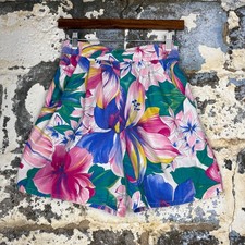 Vintage 80s Style Tropical Floral High Waisted Shorts Pink Blue Hibiscus Pockets
