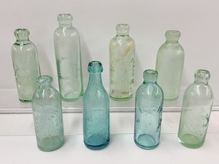 LOT OF 9: ATQ TINTED COLORED GLASS EMBOSSED BLOB TOP HUTCH BOTTLES (MI/CO/KY/FL)