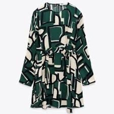 Zara Green Printed Side Belted Flare Dress Size XS