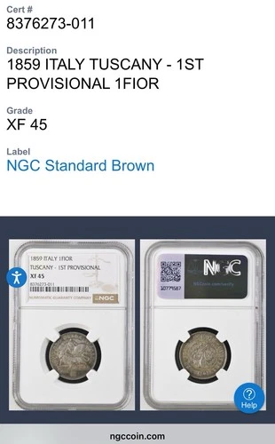 🔥🔥1859 Italy 1 Fiorino Tuscany - 1st Provisional, NGC XF45 - RARE 🔥🔥