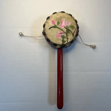 Vintage Den-Den Daiko Japanese Spin Drum Toy Karate Kid Hand Instrument Floral