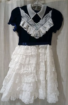  Merry Girl Party Dress 12 Blue Velvet & Lace USA Union USA Made Read Measuremen