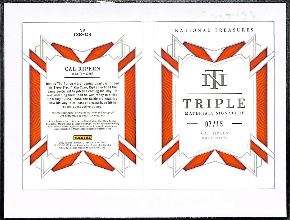 2022 National Treasures Cal Ripken Jr. Triple Patch Material Auto Booklet #7/15 view 2