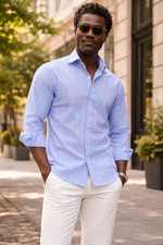 Proper Cloth Mens Gingham Shirt 18.3-34.3 Light Blue Long Sleeve Button Front
