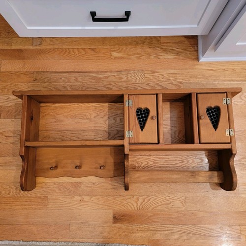 Wood Wall Heart Shelf W/doors pegs towel bar 36"x 13 3/4" x 5 3/8" Pine