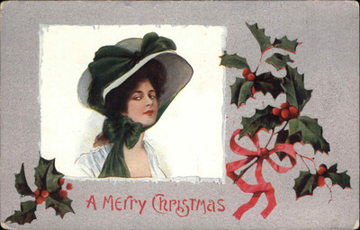 Christmas Pretty Woman Big Hat Holly c1900s-20s Postcard