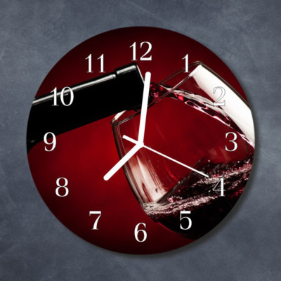 Tulup Echt-Glas Uhr Wanduhr Rund Küche 30 cm  Wein Glas rot