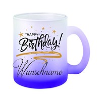 "Glas-Tasse Weiß/Lila \" Happy Birthday - Wunschname \""