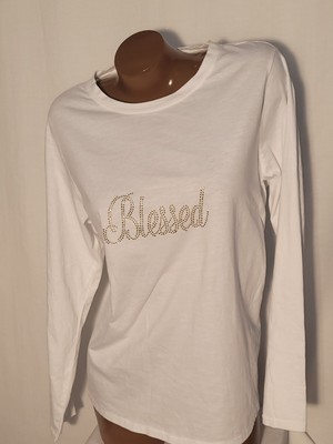 New long sleeve T shirt with Blessed White  with Gold rhinestones size XL