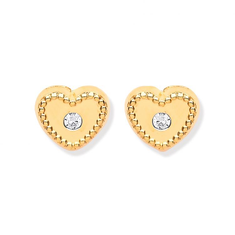 9ct Yellow Gold Ribbed Edge White Stone Cubic Zirconia Heart Stud Earrings