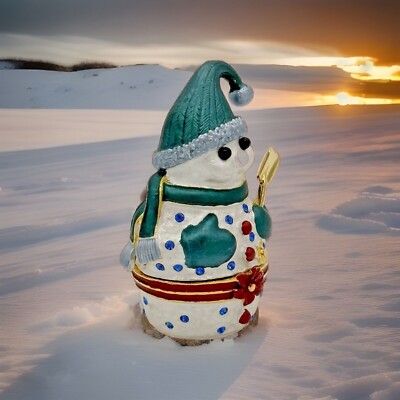 Rucinni Jeweled Snowman Trinket Box Wearing Hat Mittens Carrying Snow Shovel