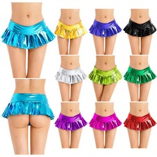 Womens Metallic Shiny Skirts Wetlook Low Waist Pleated Mini Skirt Dance Clubwear
