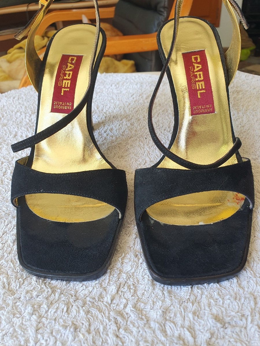 Sandales De Soirée CAREL En Velours Noir - Talon Fin Doré 10 Cm - Taille 37.5 - Vintage