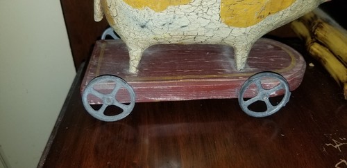 VINTAGE SIGNED SPARGER 1986 PIG ON WHEELS WOOD FOLK ART PRIMITIVE PULL TOY - Picture 4 of 5