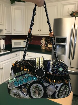 Nicole Lee Vintage Beaded Purse Hand Bag Black Brown Turquoise