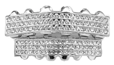 Custom Fit Hip Hop Iced CZ Silver Plated Teeth Grillz Upper & Lower Set 6 Rows