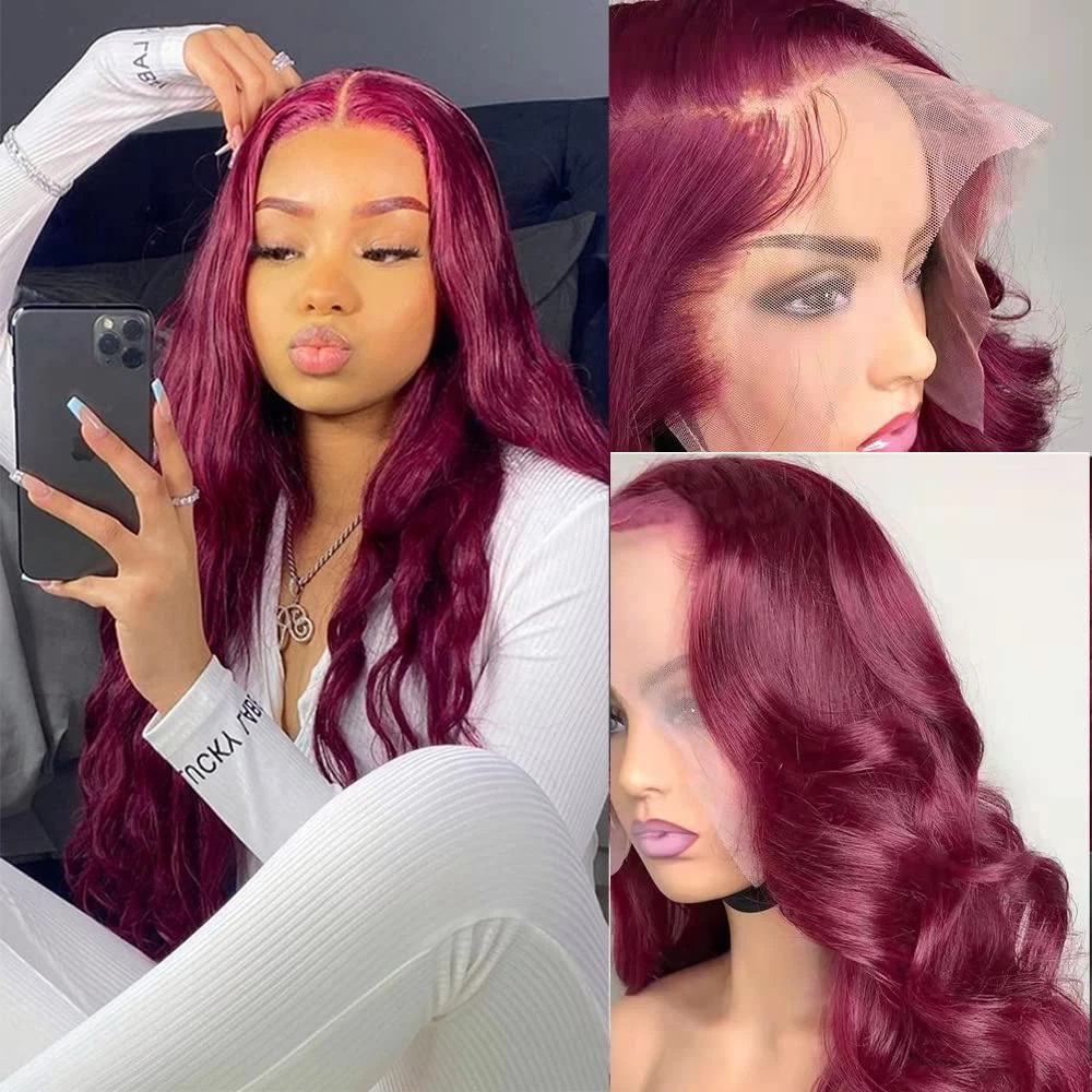 Dark Burgundy Color Body Wave Lace Front Wig With Bleached