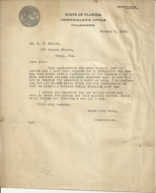 OLD VINTAGE STATE OF FLORIDA COMPTROLLERS OFFICE 1923 LETTER LETTERHEAD Old vintage state of florida comptrollers office 1923 letter letterhead