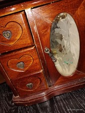Brown Wood Jewelry Box w/ Drawers, Heart Pulls  Mirrored Door, Holds 25 
