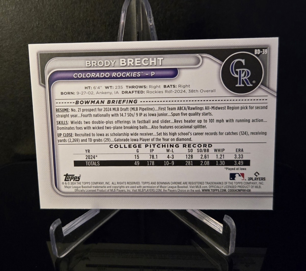 d/50 🔥 BRODY BRECHT SSP 2024 Topps 1st Bowman Draft Gold Prospect