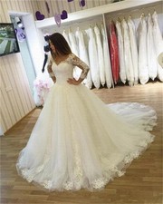 Elegant Lace Applique Wedding Dresses Plus Size Long Sleeves A-line Bridal Gowns