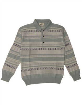 Rodes Herren Polokragen Pullover Sweater Large Grün Fair Isle Schurwolle FA41