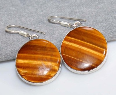 Big Cluster Tiger Eye 925 Silver Plated Earrings 1.6'' Must Have Jewelry GW