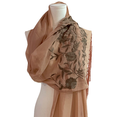 Cejon Women's Embroidered Scarf Peach Chiffon Floral Fringe 21X86'' Luxury  NWT