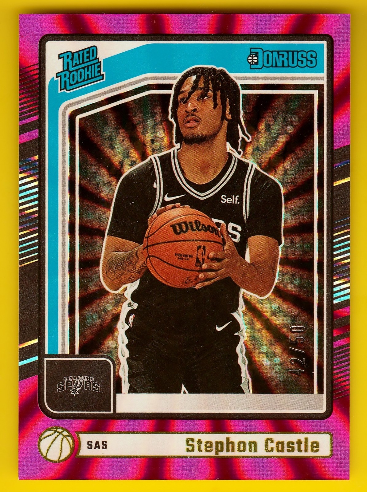 2024-25 Donruss 244 Stephon Castle Rated Rookie Pink Laser 42/50 Spurs