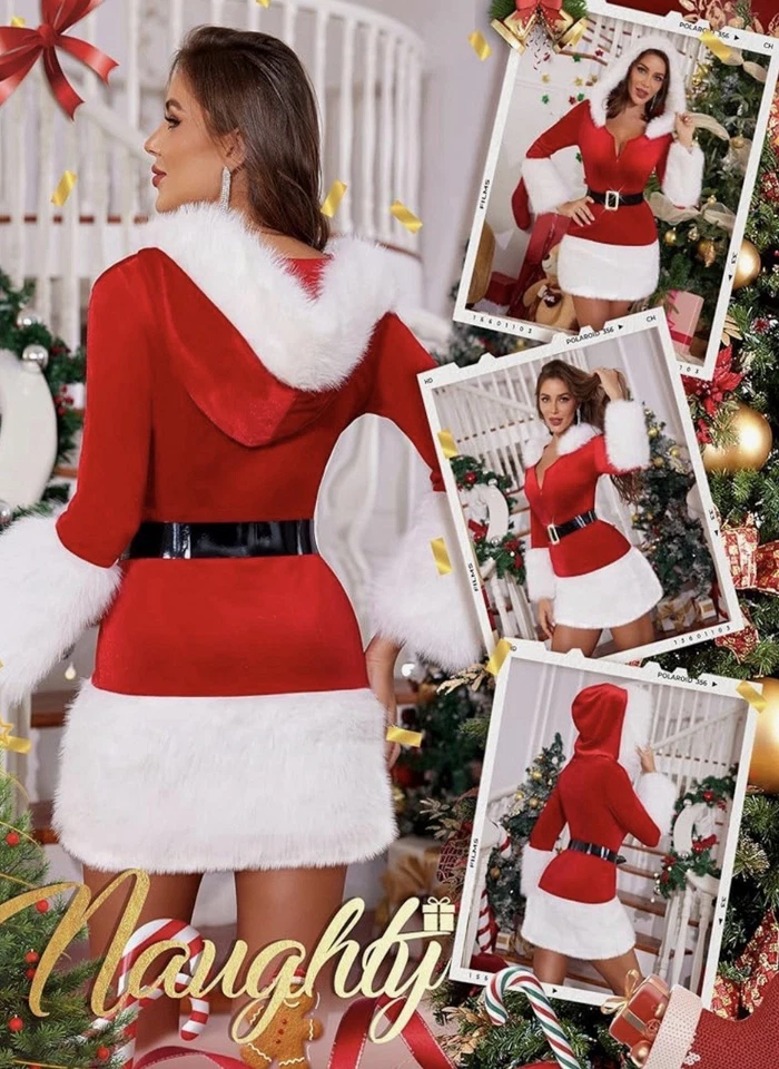 Sexy Christmas Red Santa Size Small Costume Dress Outfit Babydoll Faux Fur Trim - Image 3 of 4