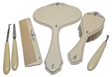 Vintage Floral Design Celluloid Vanity Set, Mirror, Brush, Comb, Manicure