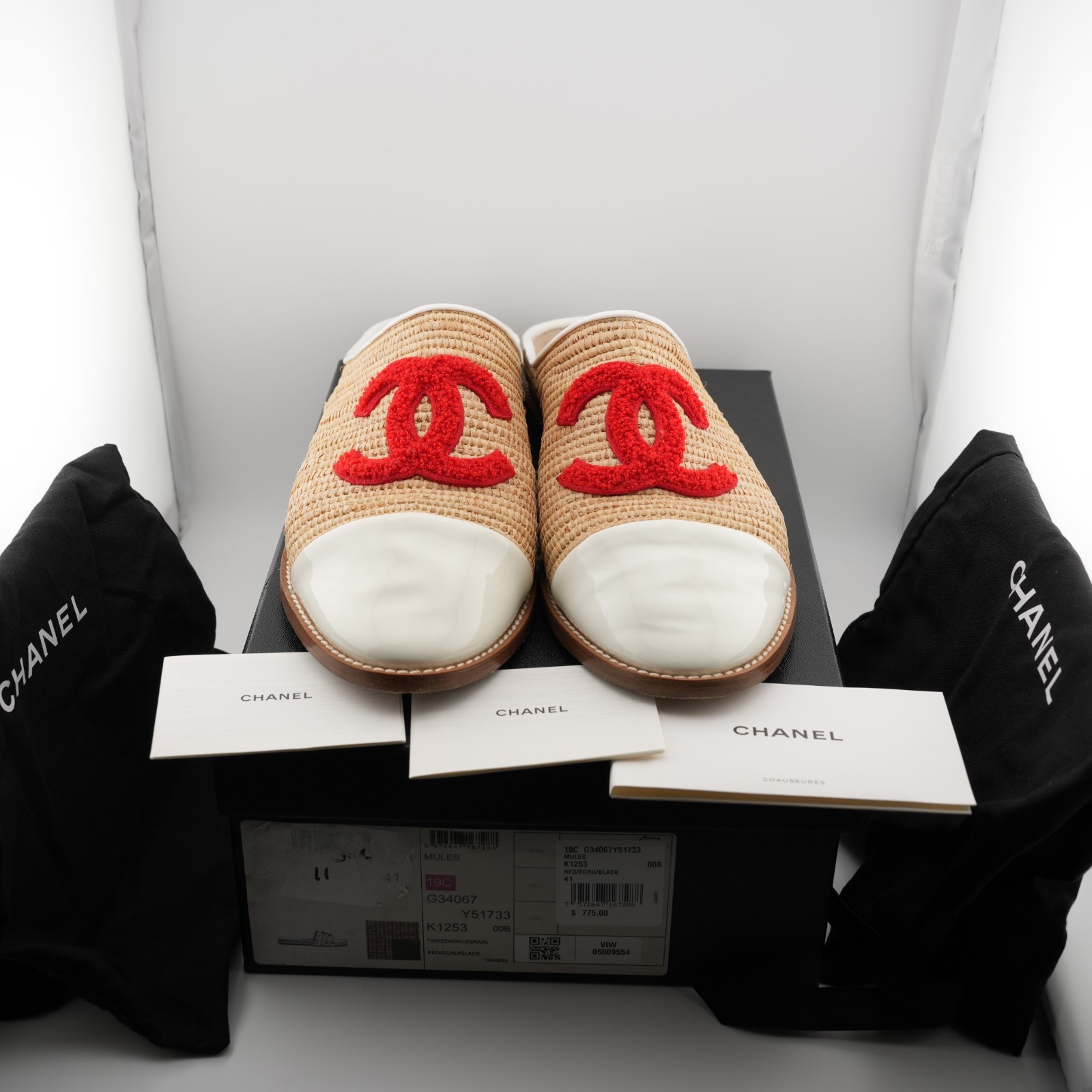 READ Chanel Raffia CC Mules beige straw leather Size 11 Women