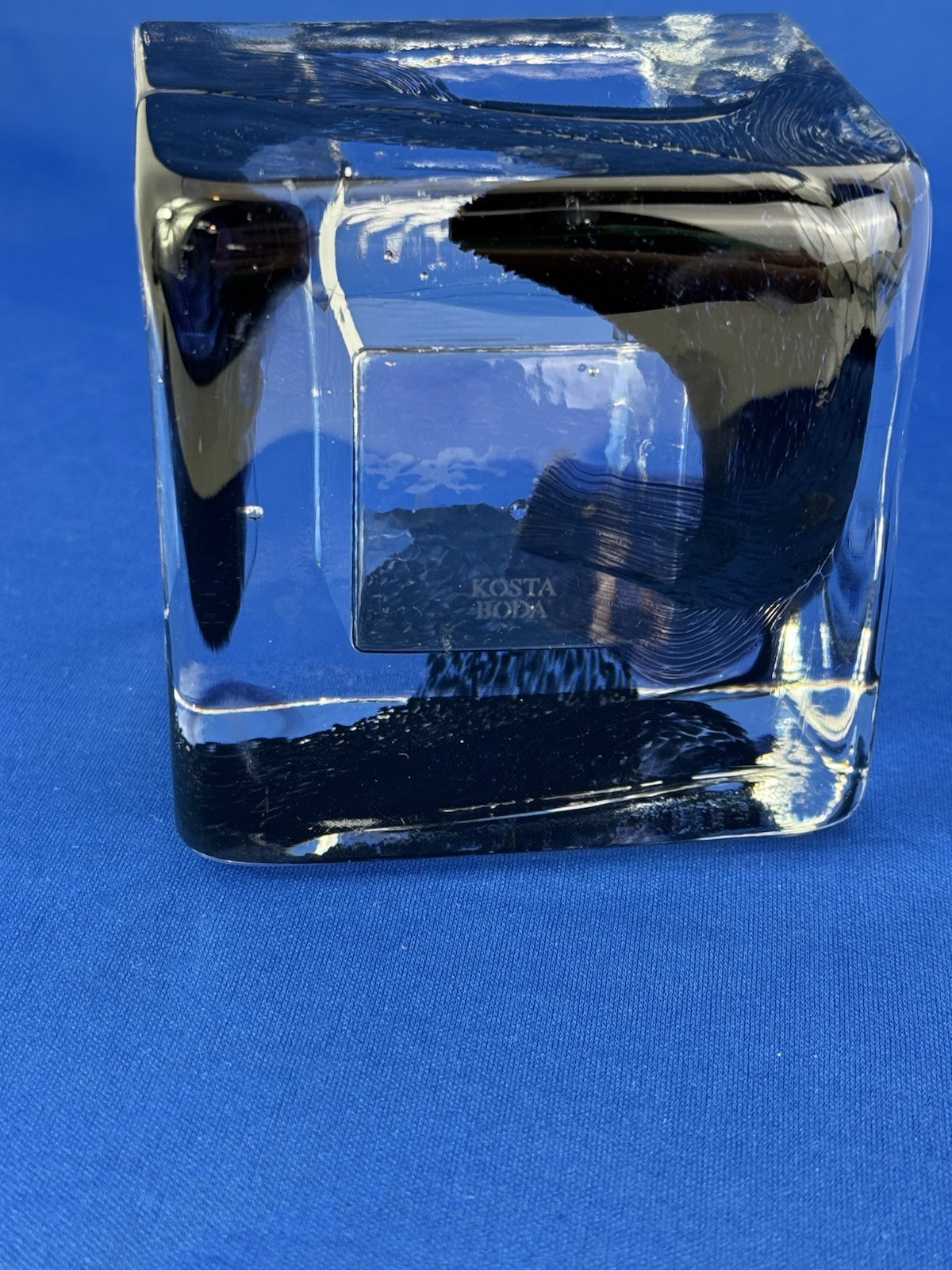 Kosta Boda Glass Brick Cube Square Candle Holder Black Etched Collectible Art