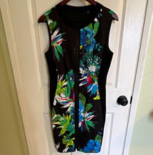 Elie Tahari Black Floral Sheath Knee Dress Round Neck Sleeveless Zip Front 10