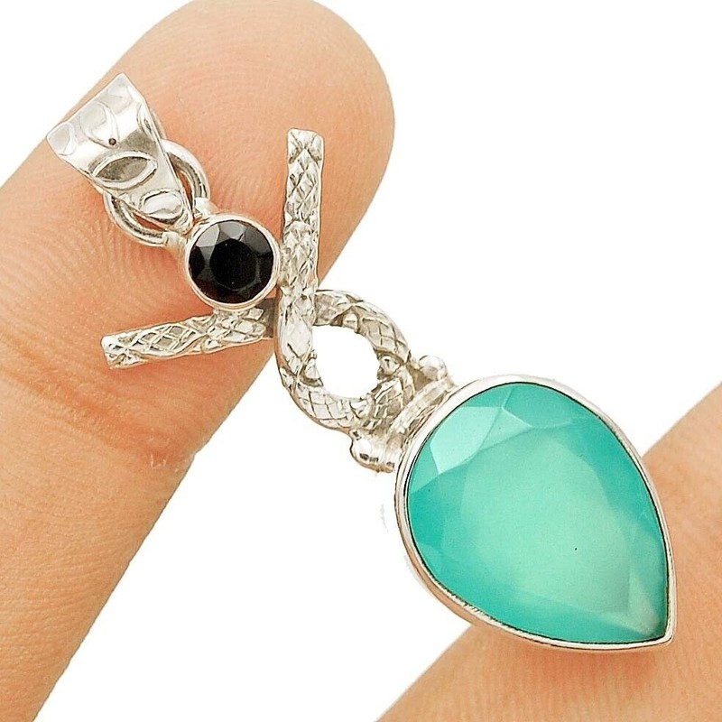 Natural Aquamarine Chalcedony 925 Sterling Silver Pendant Jewelry @9-3