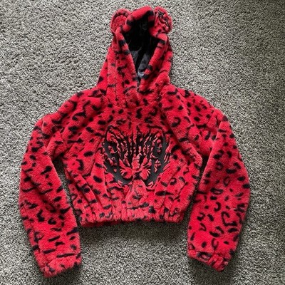 Scummy Bears Women s XS Red/Black Faux Fur Leopard Graphic Hooded Pullover
