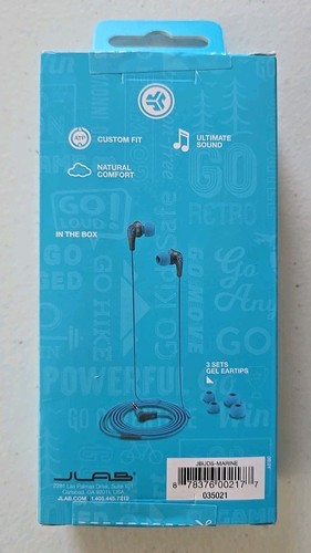 JLab JBuds2 Signature Earbuds Blue Noise Isolation 3 Size Tips Comfort Fit NEW - Picture 2 of 3