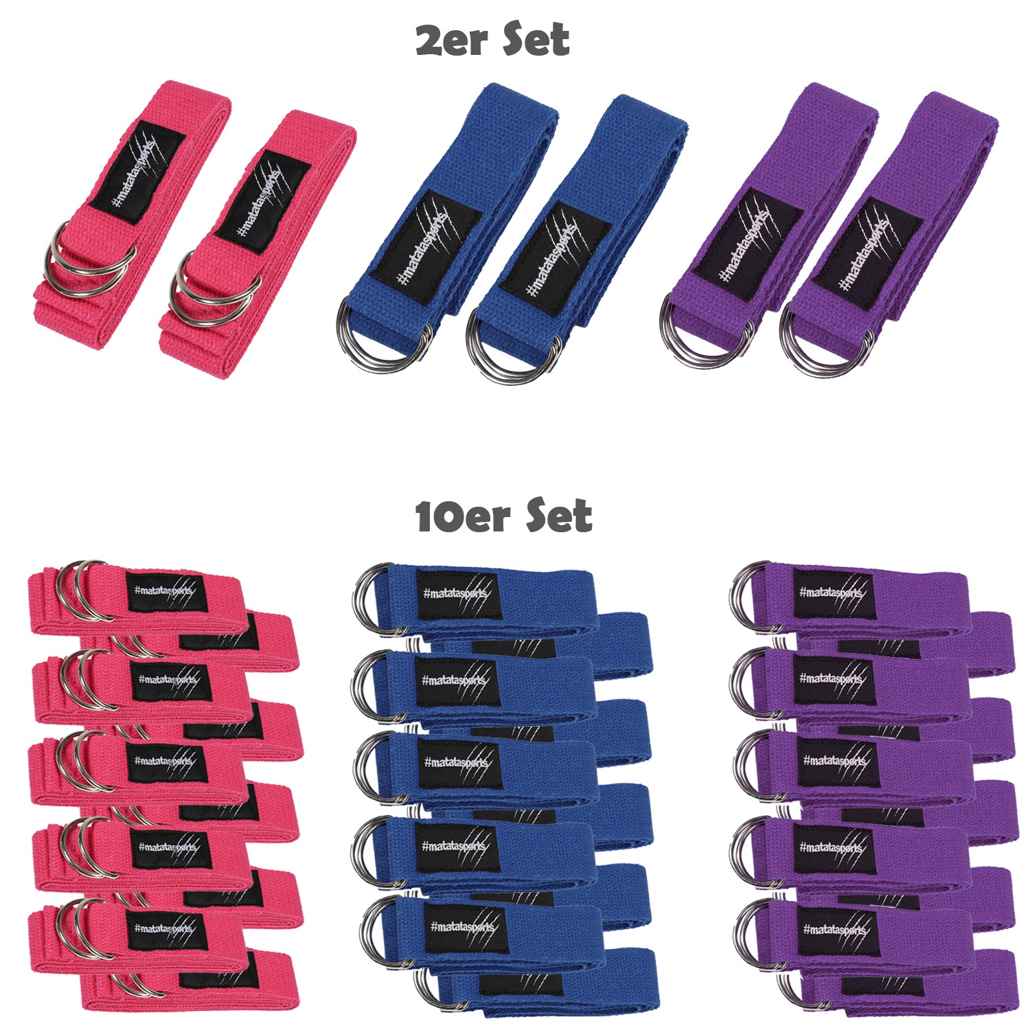 2er & 10er Set Yoga Gurt aus Baumwolle mit Metall-D-Ring 180cm - Gymnastik