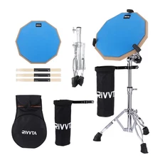 12" Practice Drum Pad with Drum Stand Drumsticks Holder Carrying Bag (Blue)