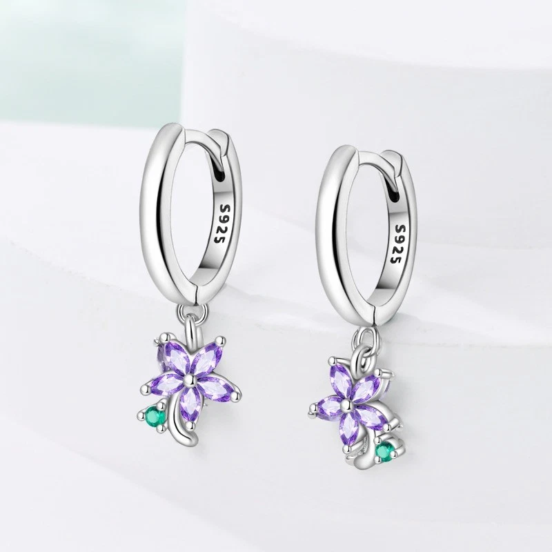 PANDACH 925 Sterling Silver Purple Flower Dangle Earrings For Women Jewelry Gfit - Image 4 of 4